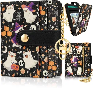 Halloween Cute Cat Ghost Rfid Wallet, Small Spooky Bats Pumpkin Slim Thin Credit Card Women Wallet, PU Leather Bifold Cash Zipper Coin Pocket for Holiday Gifts