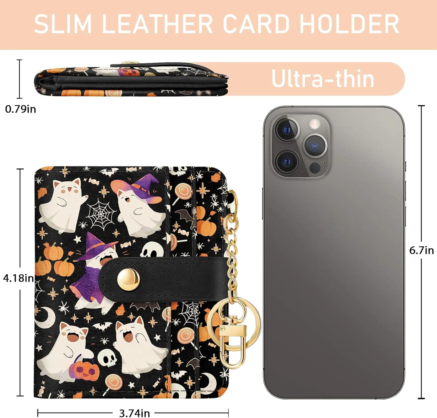 Halloween Cute Cat Ghost Rfid Wallet, Small Spooky Bats Pumpkin Slim Thin Credit Card Women Wallet, PU Leather Bifold Cash Zipper Coin Pocket for Holiday Gifts