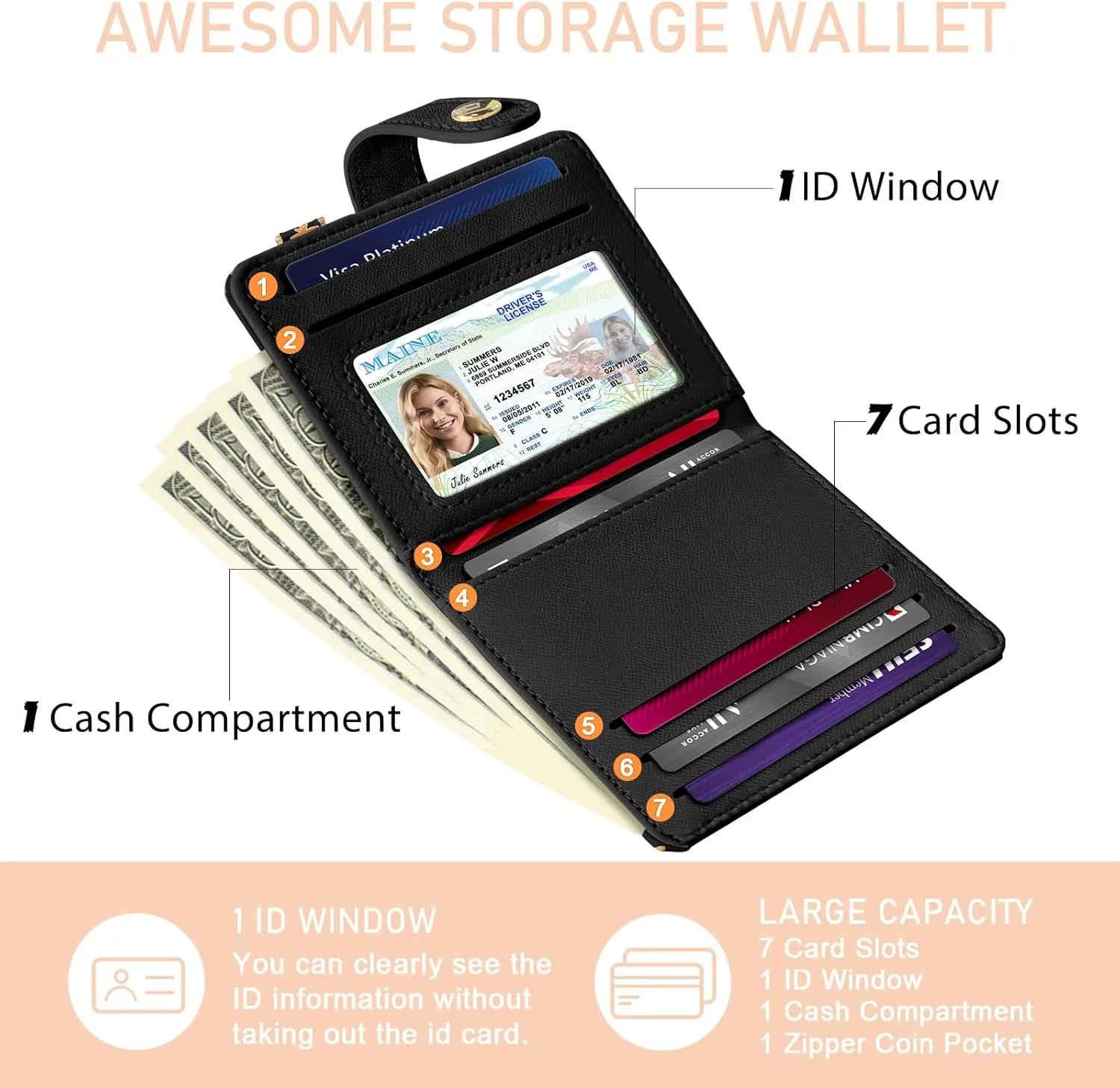 Halloween Cute Cat Ghost Rfid Wallet, Small Spooky Bats Pumpkin Slim Thin Credit Card Women Wallet, PU Leather Bifold Cash Zipper Coin Pocket for Holiday Gifts