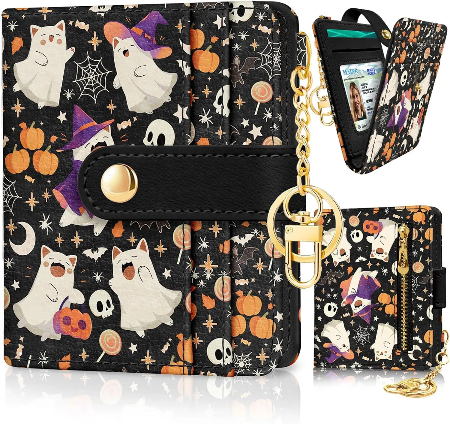 Halloween Cute Cat Ghost Rfid Wallet, Small Spooky Bats Pumpkin Slim Thin Credit Card Women Wallet, PU Leather Bifold Cash Zipper Coin Pocket for Holiday Gifts
