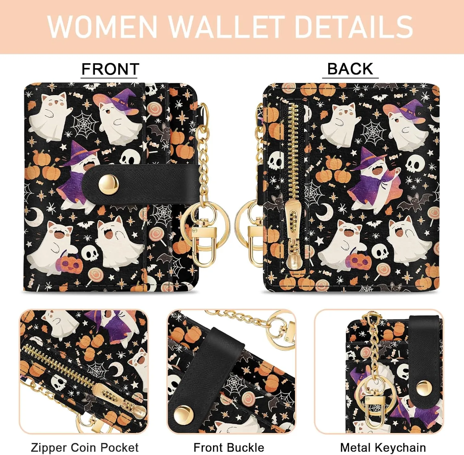 Halloween Cute Cat Ghost Rfid Wallet, Small Spooky Bats Pumpkin Slim Thin Credit Card Women Wallet, PU Leather Bifold Cash Zipper Coin Pocket for Holiday Gifts
