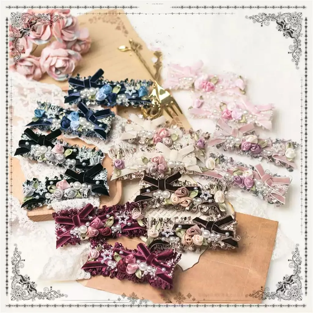 Handmade Lolita Rococo Bowknot Retro Velvet Side Hair Clip Headwear Accessory 1 Pair for Women (Dark Blue)