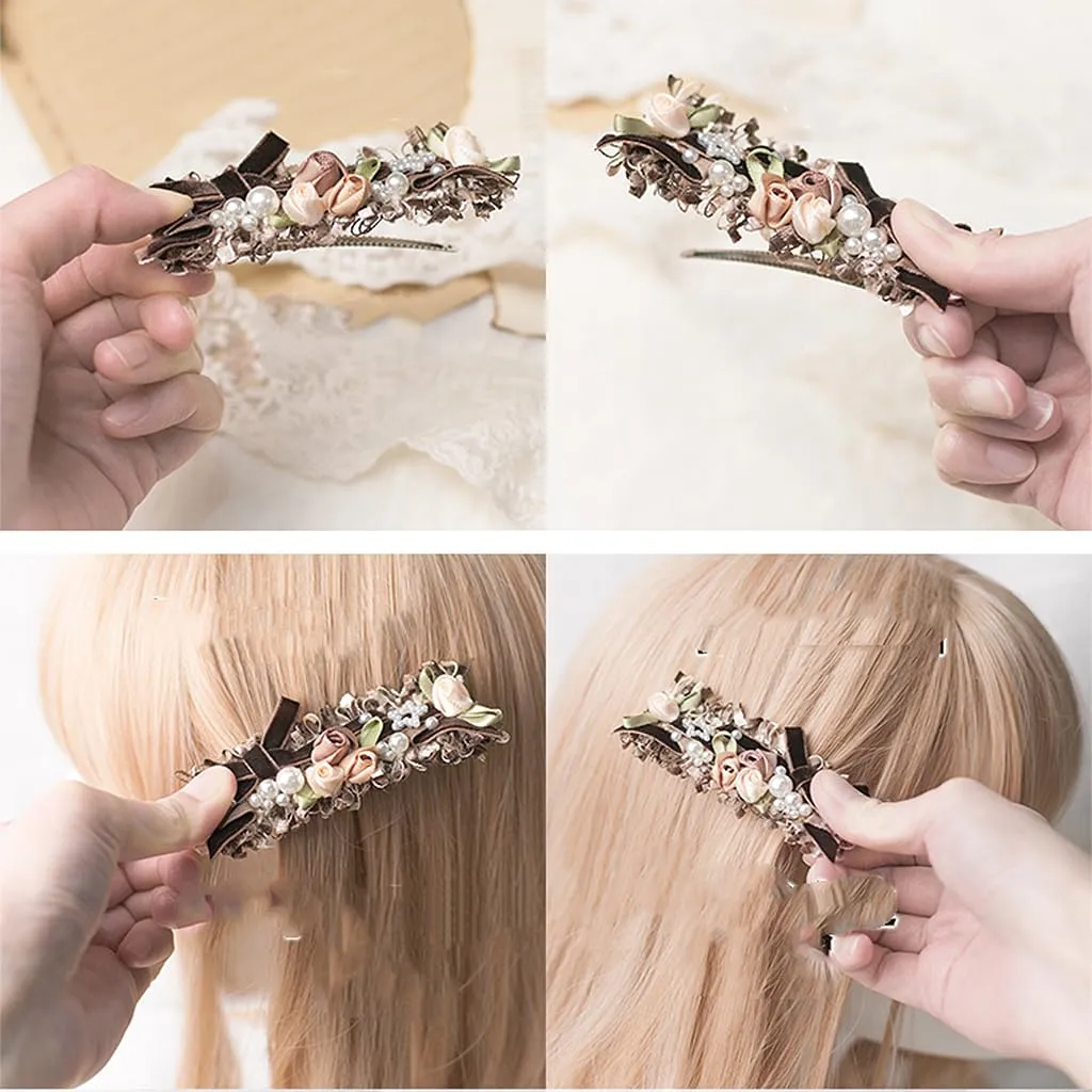 Handmade Lolita Rococo Bowknot Retro Velvet Side Hair Clip Headwear Accessory 1 Pair for Women (Dark Blue)