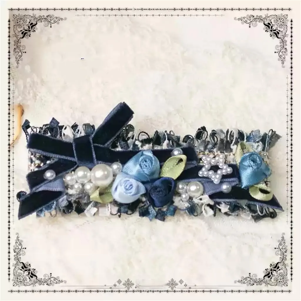 Handmade Lolita Rococo Bowknot Retro Velvet Side Hair Clip Headwear Accessory 1 Pair for Women (Dark Blue)