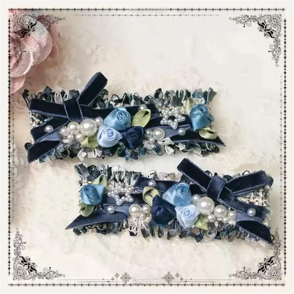 Handmade Lolita Rococo Bowknot Retro Velvet Side Hair Clip Headwear Accessory 1 Pair for Women (Dark Blue)