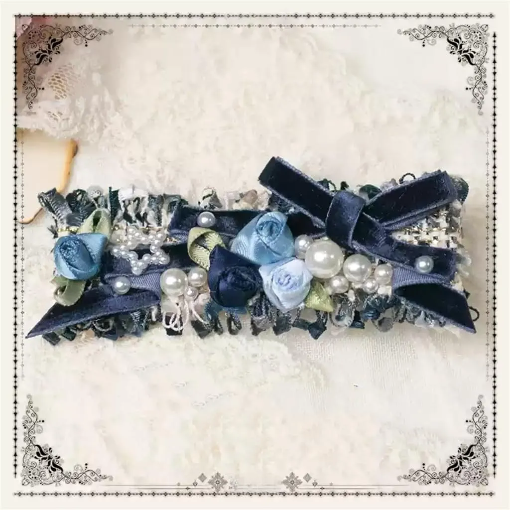 Handmade Lolita Rococo Bowknot Retro Velvet Side Hair Clip Headwear Accessory 1 Pair for Women (Dark Blue)