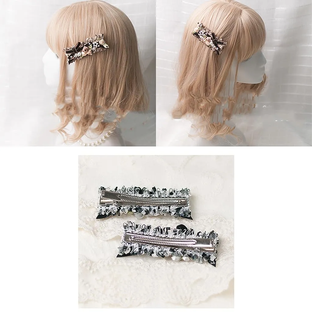 Handmade Lolita Rococo Bowknot Retro Velvet Side Hair Clip Headwear Accessory 1 Pair for Women (Dark Blue)