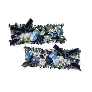 Handmade Lolita Rococo Bowknot Retro Velvet Side Hair Clip Headwear Accessory 1 Pair for Women (Dark Blue)