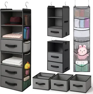 Hanging Closet Organizer With Drawers – Foldable 6 Tier Hanging Closet Shelves for Clothes, Shoe, Toys & Purse – Storage Organizer with 3 Separable Hanging Drawers & 6 Large Mesh Pockets – Grey