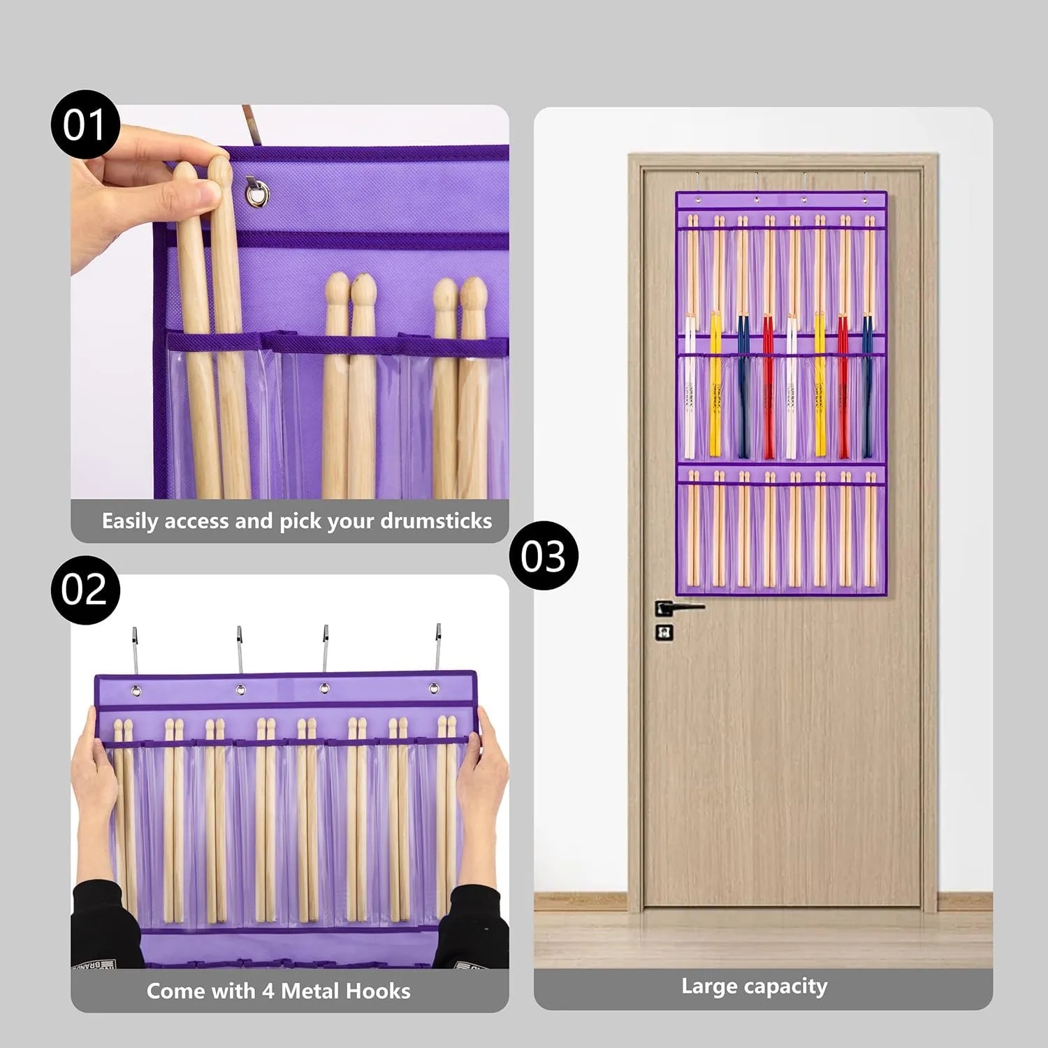Hanging Drumstick Holder Drum Stick Organizer Drum Set Mallet and Percussion Sticks Display for Drumsticks Mallets Up to 24 Pairs (PURPLE)
