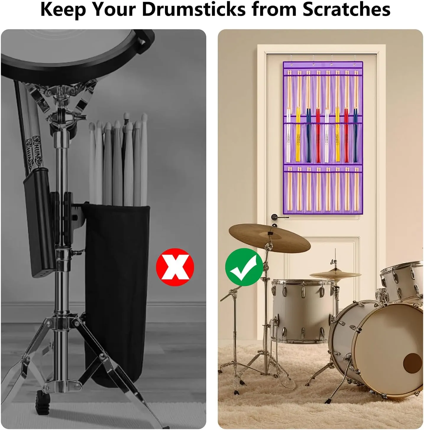 Hanging Drumstick Holder Drum Stick Organizer Drum Set Mallet and Percussion Sticks Display for Drumsticks Mallets Up to 24 Pairs (PURPLE)