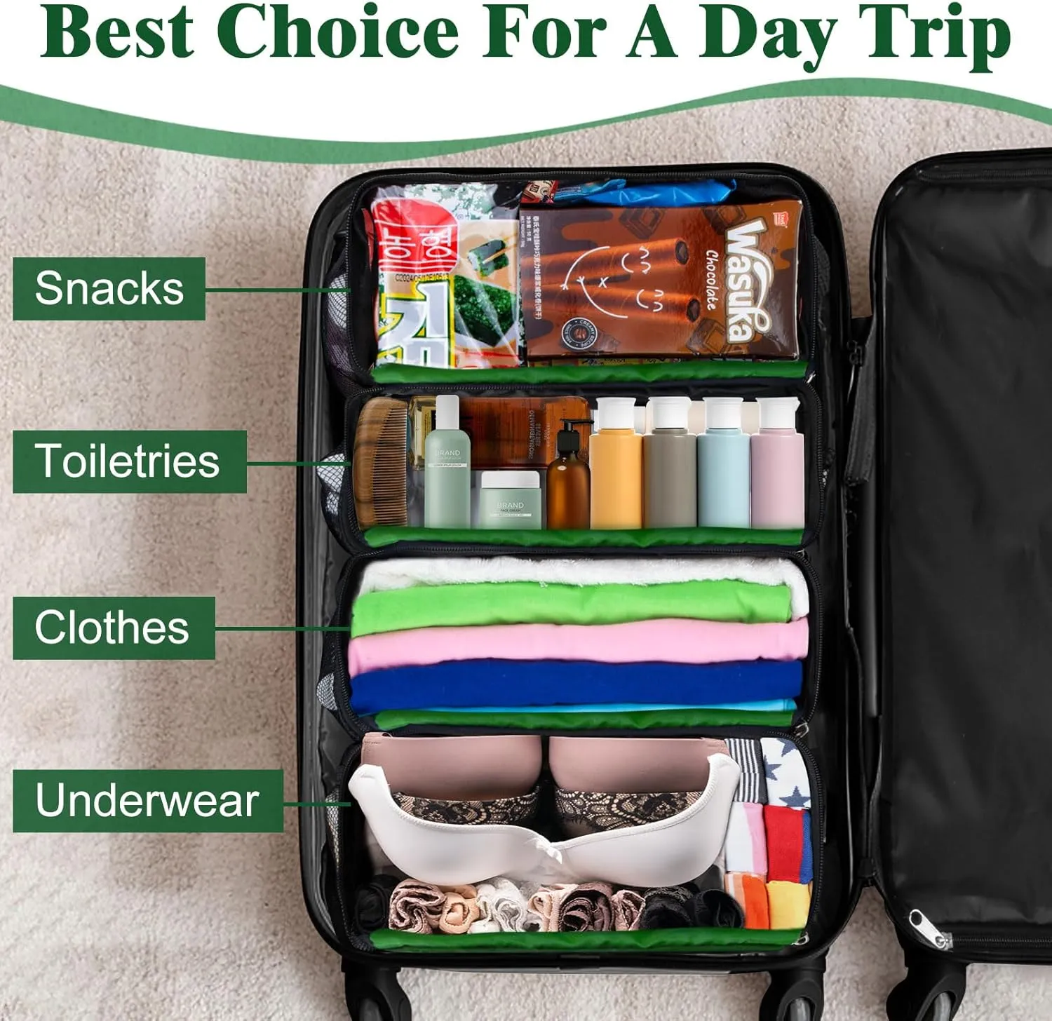 Hanging Travel Organizer, Carry on Luggage Suitcase Organizer, Travel Essentials Portable Travel Shelves Packing Cube for Travel Cruise Small,Green