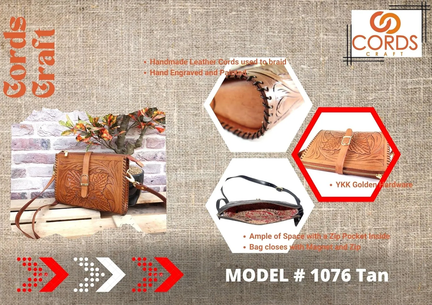 Hantooled Sling Leather Bag for Women, Tan Color, Crossbody Leather Bag, Women's Crossbody Handbag