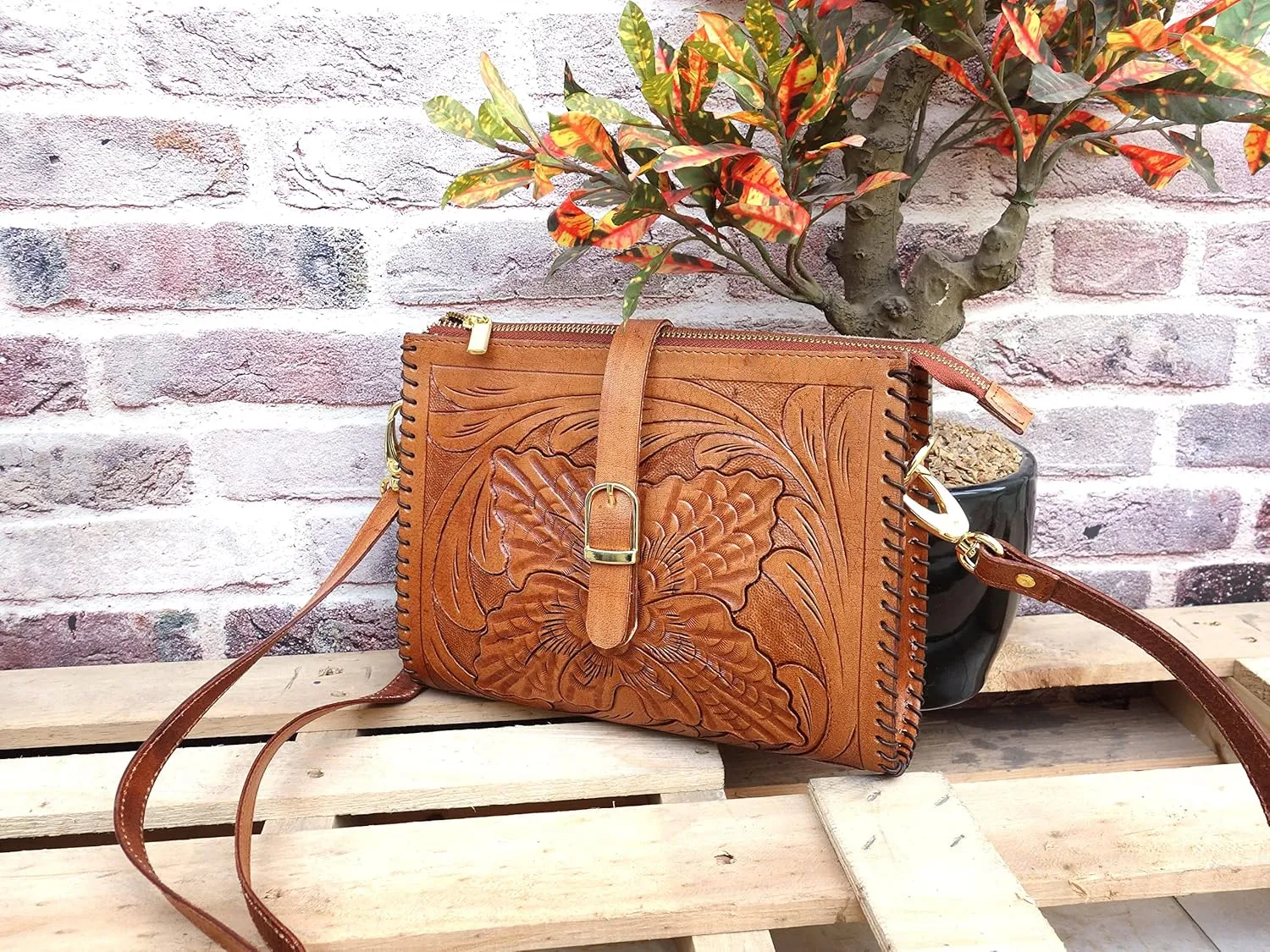 Hantooled Sling Leather Bag for Women, Tan Color, Crossbody Leather Bag, Women's Crossbody Handbag