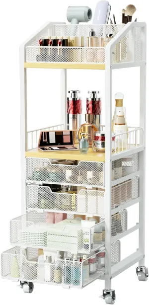 HapiRm Makeup Organizer Storage Cart - Floor Skincare Make Up Storage with 4 Drawers, Rolling Makeup Cart Vanity Organizer Cosmetics Display Cases Holder for Skin Care Perfume Nail Polish