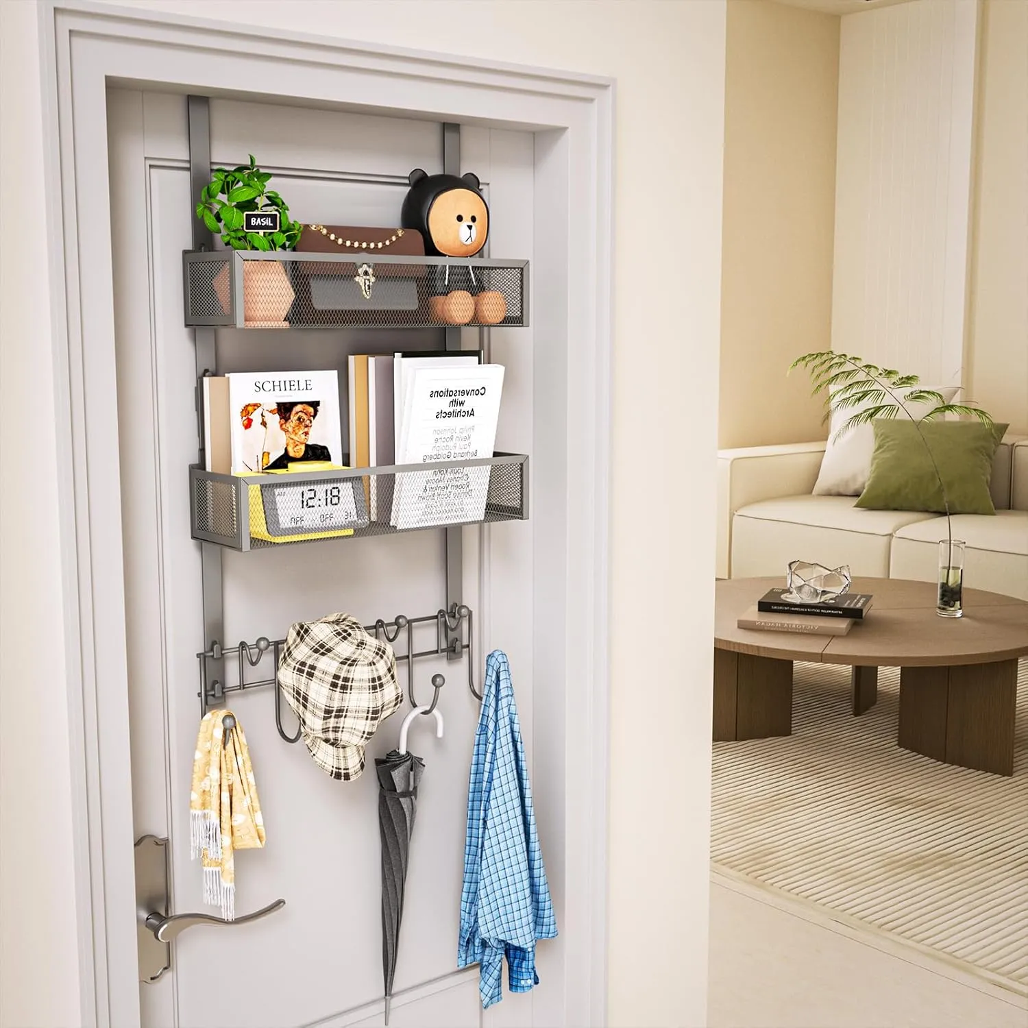 HapiRm Over The Door Hanger with Coat Hooks and 2 Baskets, Rustproof & Waterproof Over The Door Hooks, Storage Organizer for Hats, Bathroom, Kitchen, Bedroom - Grey