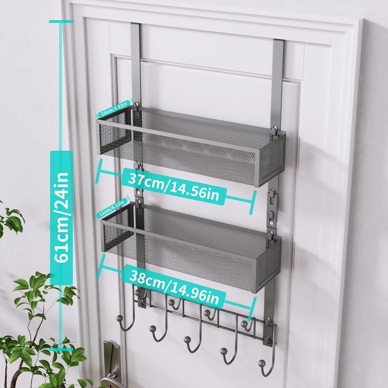 HapiRm Over The Door Hanger with Coat Hooks and 2 Baskets, Rustproof & Waterproof Over The Door Hooks, Storage Organizer for Hats, Bathroom, Kitchen, Bedroom - Grey