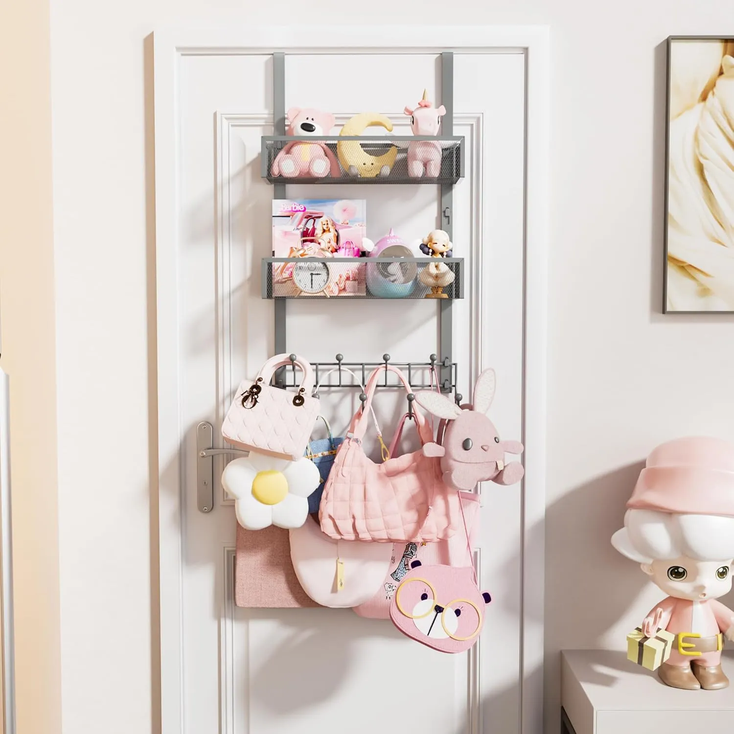 HapiRm Over The Door Hanger with Coat Hooks and 2 Baskets, Rustproof & Waterproof Over The Door Hooks, Storage Organizer for Hats, Bathroom, Kitchen, Bedroom - Grey