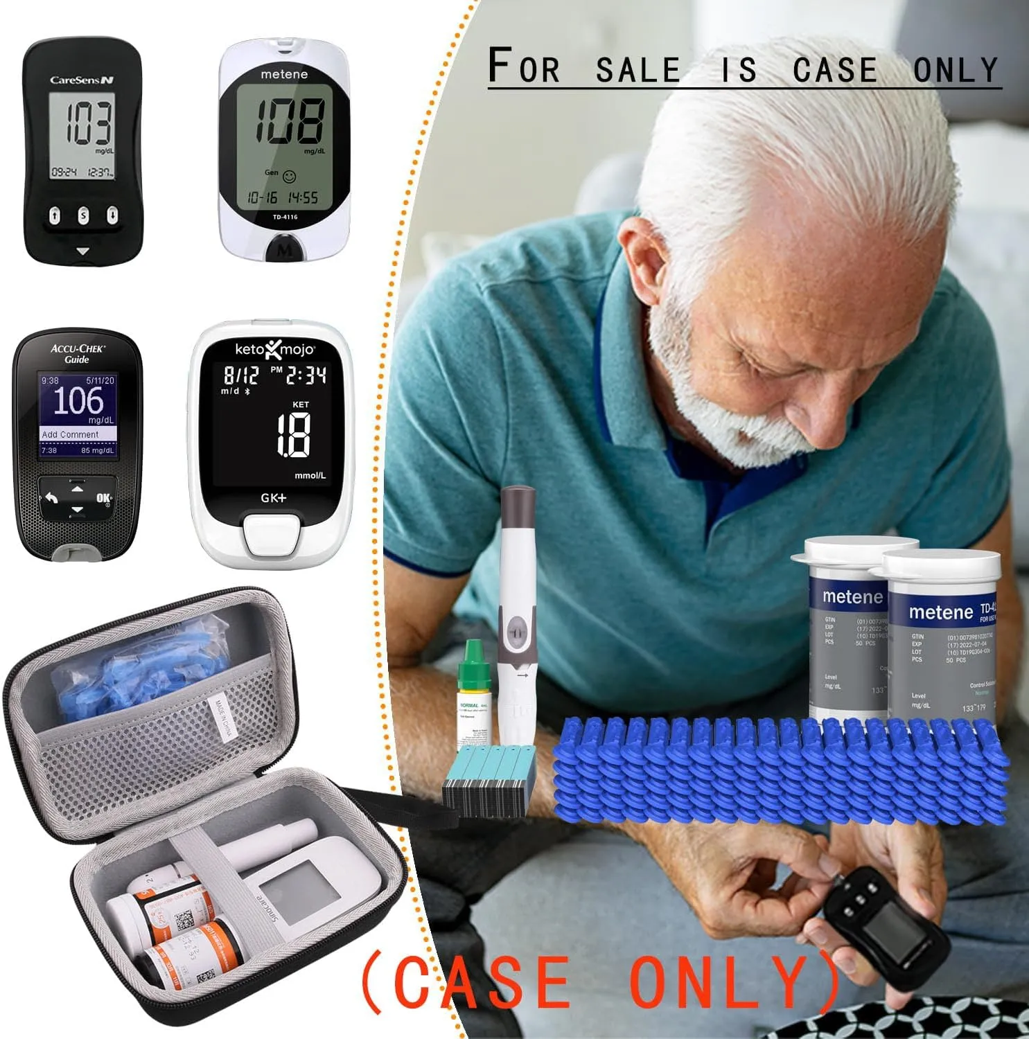 Hard EVA Protective Storage Case Compatible with Touch/Accu-Chek/Keto MOJO/CareSens Blood Glucose Monitor Kit - Diabetes Testing Kit Storage Box(Only Case) (Big)