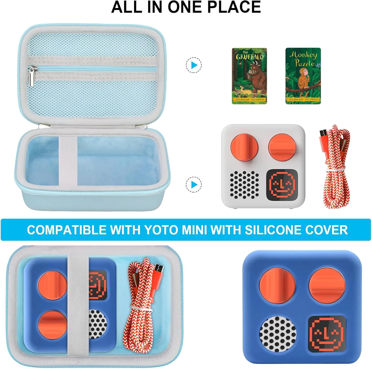 Hard Travel Case for Yoto Mini (2024 Edition) Kids Screen-Free Bluetooth Audio Player, Storage Holder Protection Case with Zipper Mesh Pocket for Kids Audio Card, Charging Cable, Blue