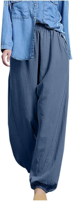 Harem Pants Women High Waisted Baggy Wide Leg Trousers Cotton Linen Palazzo Pants with Pockets Summer Outfits for Women