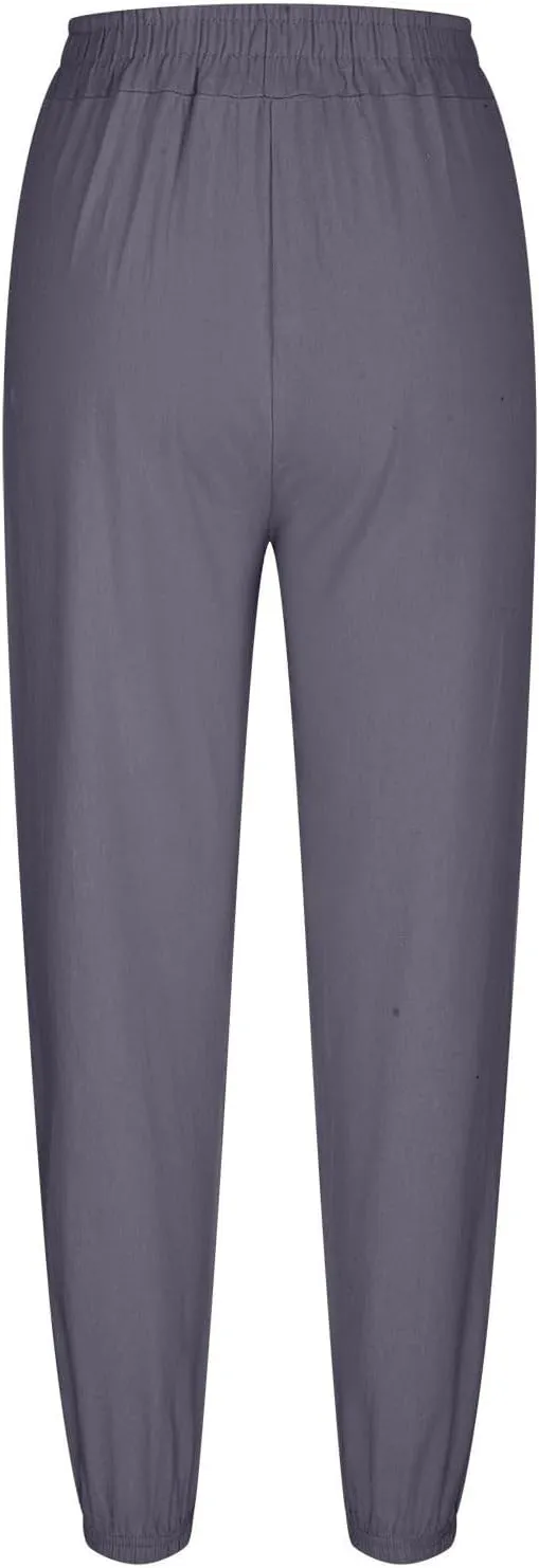 Harem Pants Women High Waisted Baggy Wide Leg Trousers Cotton Linen Palazzo Pants with Pockets Summer Outfits for Women