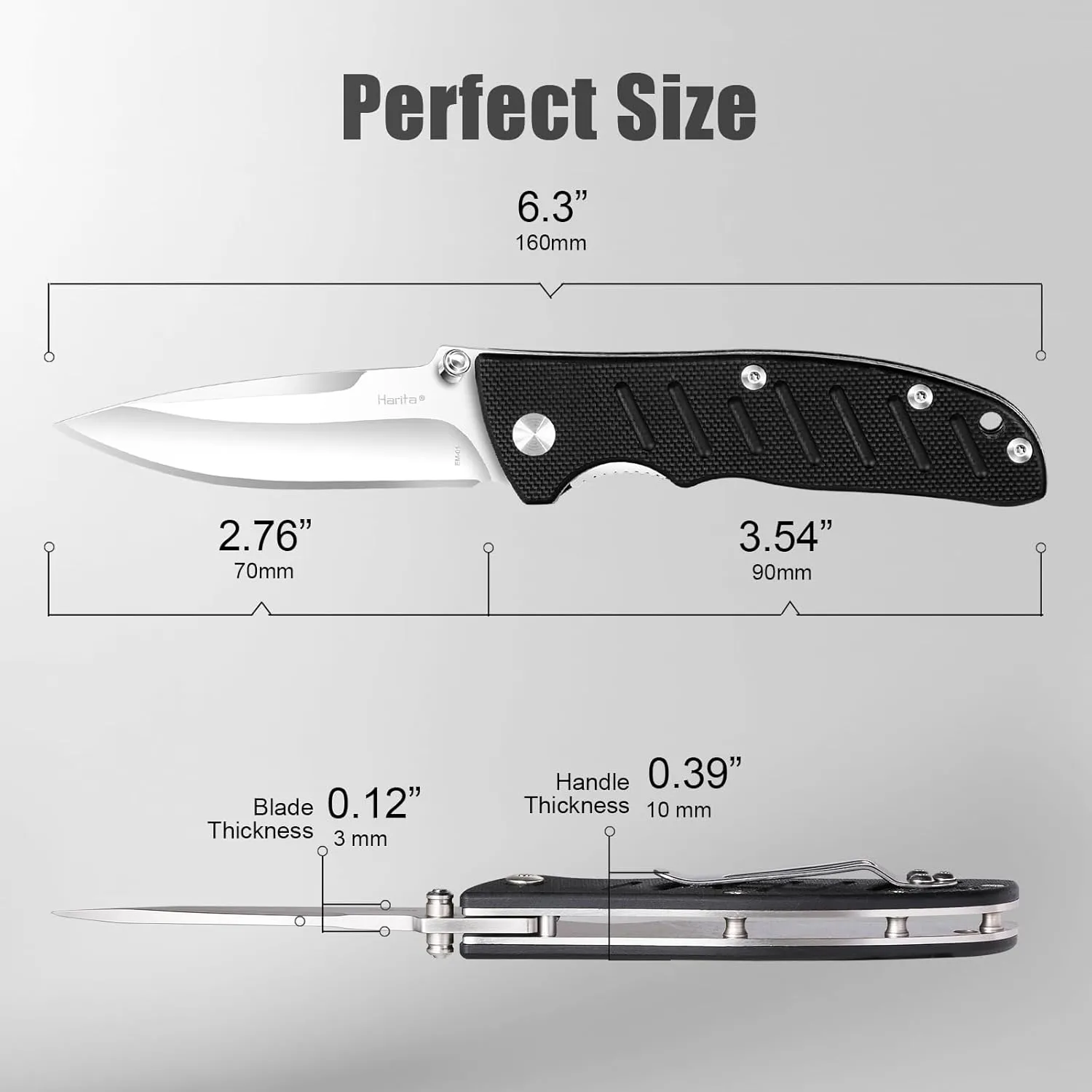 Harita Pocket Knife Folding Knife EDC Knife with Belt Clip, 2.76 inch 8Cr13MoV Straight Edge Blade, G10 Handle, Foldable Knife for Camping Finshing Hunting Survival for Men Women Black