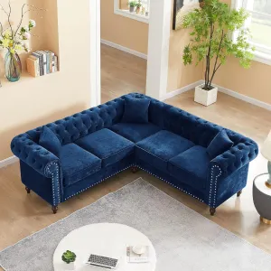 Harper & Bright Designs 80" Chesterfield L-Shaped Sofa Deep Button Tufted Upholstered Roll Arm Luxury Classic,3 Pillows Included, Solid Wood Gourd Legs,Blue Velvet