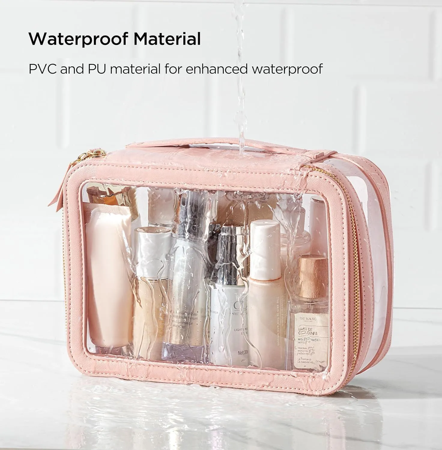 HBlife Clear Makeup Bag Organizer, Portable Travel Toiletry Cosmetic Case for Women, Large Make Up Bag Transparent Storage Pouch with Handle (Pink)