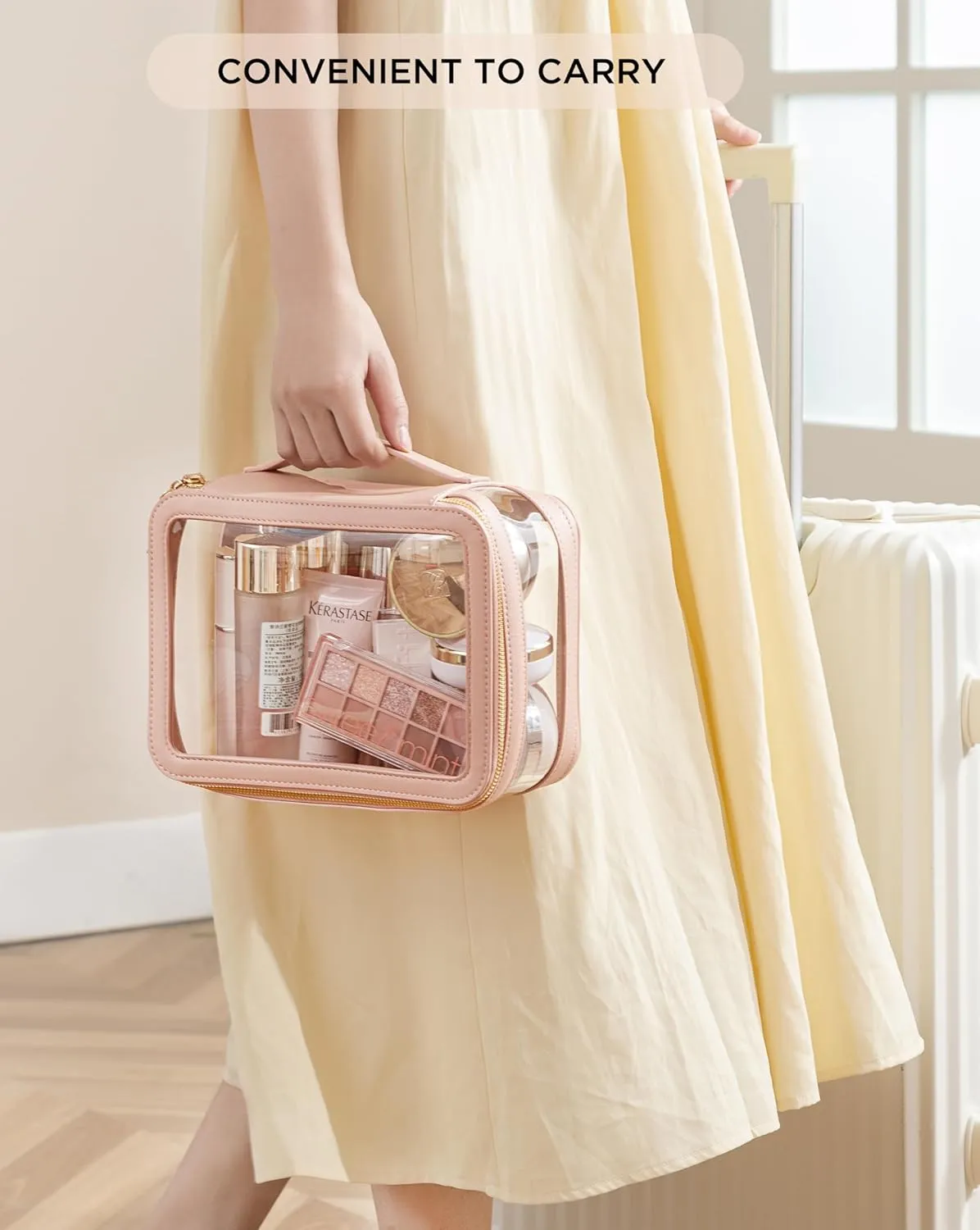 HBlife Clear Makeup Bag Organizer, Portable Travel Toiletry Cosmetic Case for Women, Large Make Up Bag Transparent Storage Pouch with Handle (Pink)