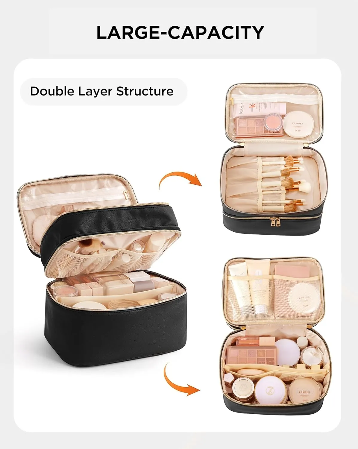 HBlife Double Layer Travel Makeup Bag Portable Cute Leather Cosmetic Bag Large Make Up Bag Makeup Case Organizer Toiletry Bag for Women Girls with Handle and Removable Divider(Black)
