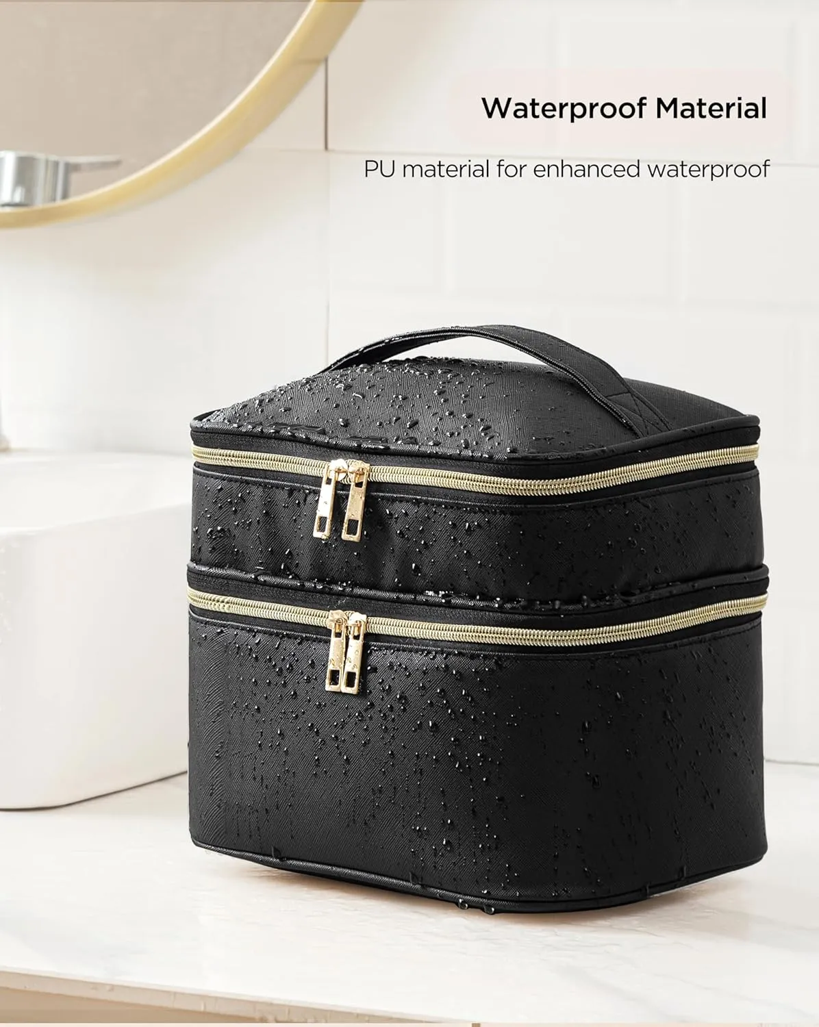 HBlife Double Layer Travel Makeup Bag Portable Cute Leather Cosmetic Bag Large Make Up Bag Makeup Case Organizer Toiletry Bag for Women Girls with Handle and Removable Divider(Black)