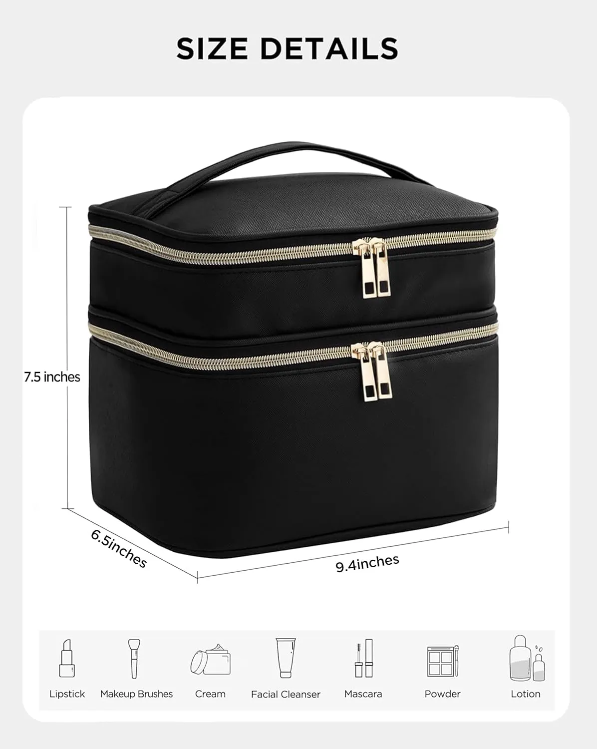 HBlife Double Layer Travel Makeup Bag Portable Cute Leather Cosmetic Bag Large Make Up Bag Makeup Case Organizer Toiletry Bag for Women Girls with Handle and Removable Divider(Black)