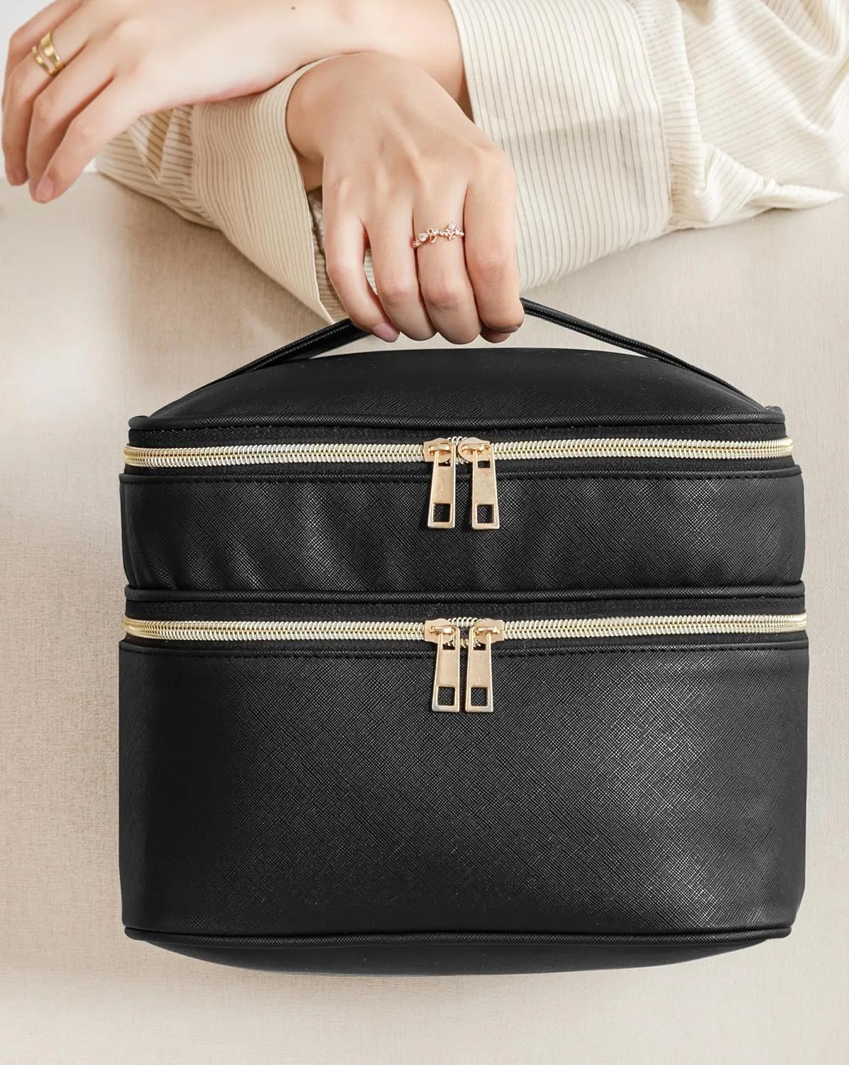 HBlife Double Layer Travel Makeup Bag Portable Cute Leather Cosmetic Bag Large Make Up Bag Makeup Case Organizer Toiletry Bag for Women Girls with Handle and Removable Divider(Black)
