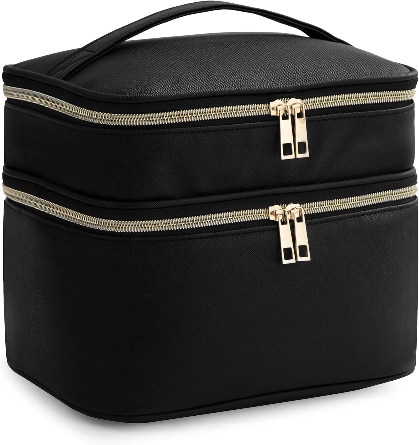 HBlife Double Layer Travel Makeup Bag Portable Cute Leather Cosmetic Bag Large Make Up Bag Makeup Case Organizer Toiletry Bag for Women Girls with Handle and Removable Divider(Black)