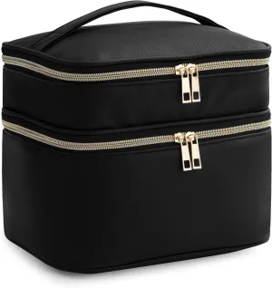 HBlife Double Layer Travel Makeup Bag Portable Cute Leather Cosmetic Bag Large Make Up Bag Makeup Case Organizer Toiletry Bag for Women Girls with Handle and Removable Divider(Black)