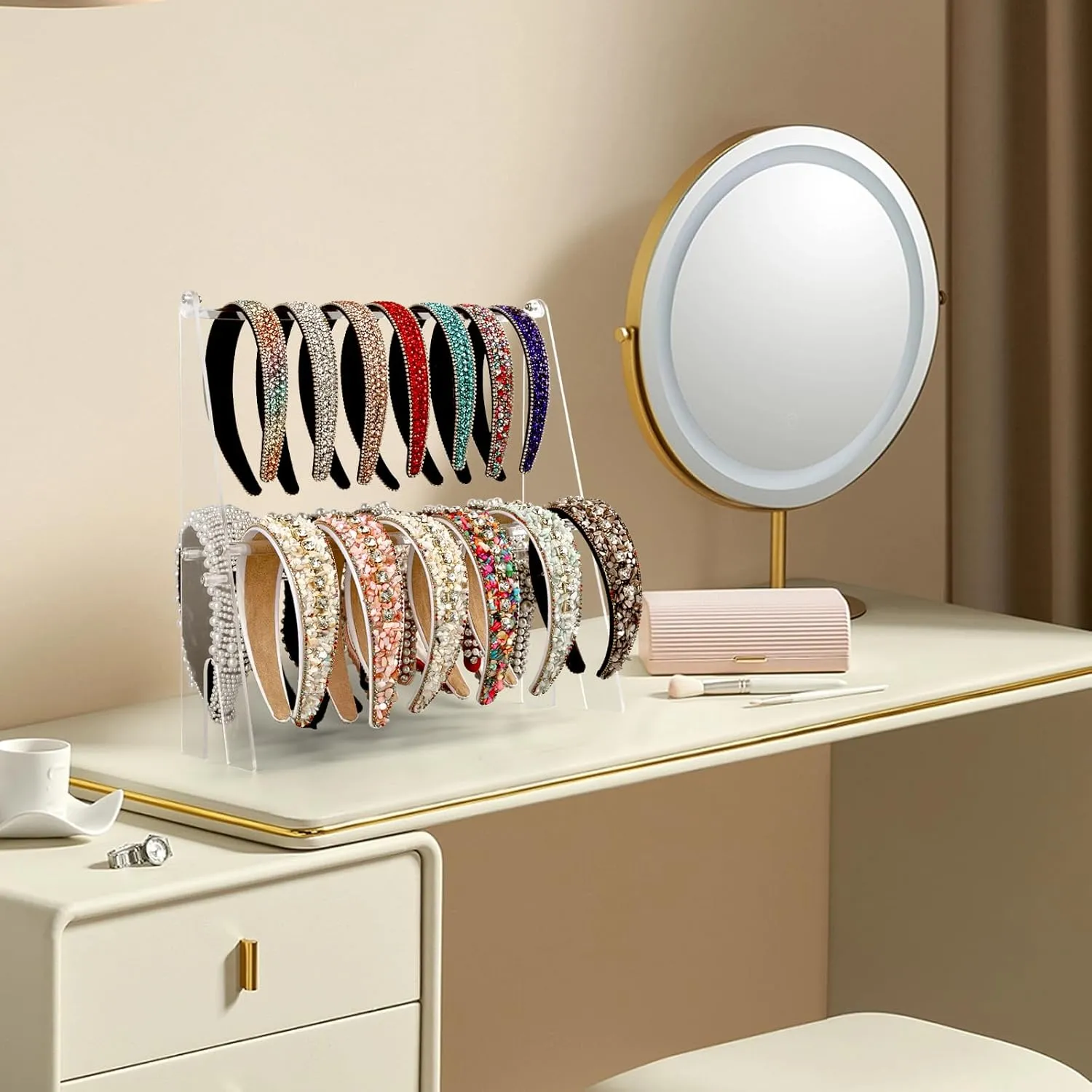 Headband Holder Headband Organizer, Acrylic Headband Holder Organizer, 2-Tier Clear Headband Display Stand, Headband Storage Rack for Girls and Women (Modern)