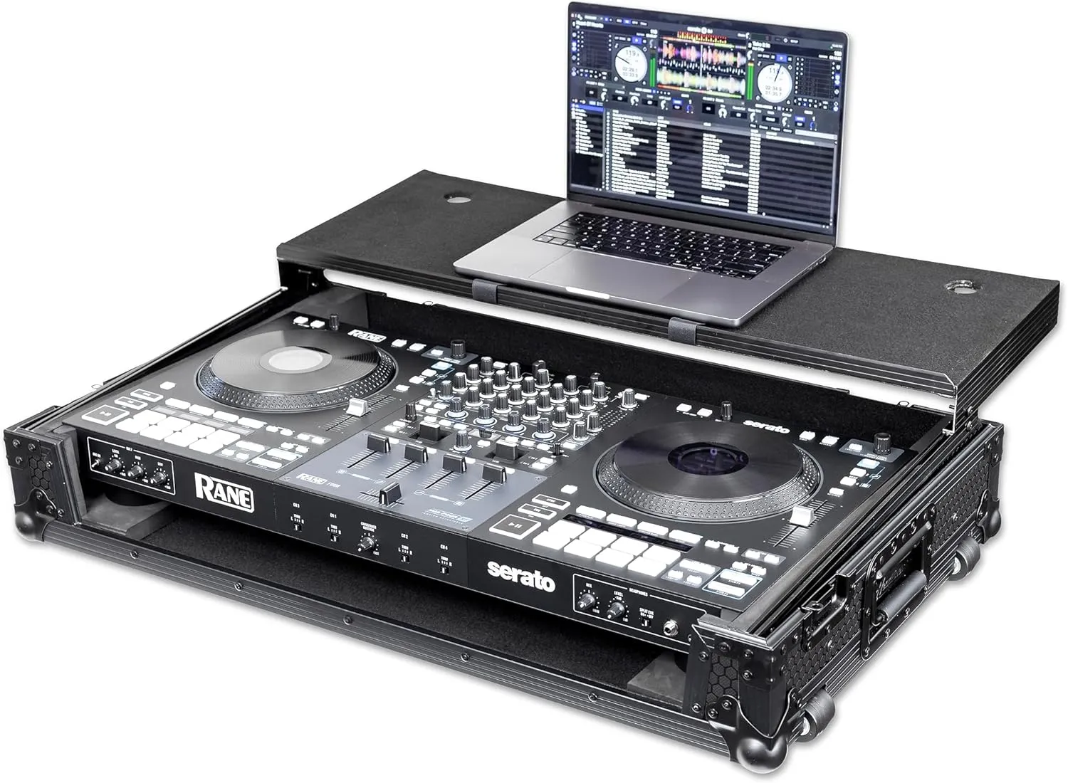 Headliner Pitch Black Flight Case Compatible with Rane Four & Rane Performer with Laptop Platform & Wheels