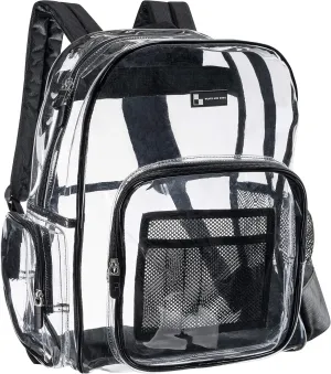 Heavy Duty Clear Backpack with Mesh Organizer, Clear Bookbag (Medium, Jet Black)