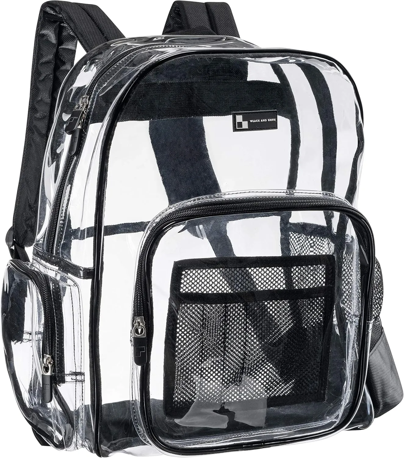 Heavy Duty Clear Backpack with Mesh Organizer, Clear Bookbag (Medium, Jet Black)