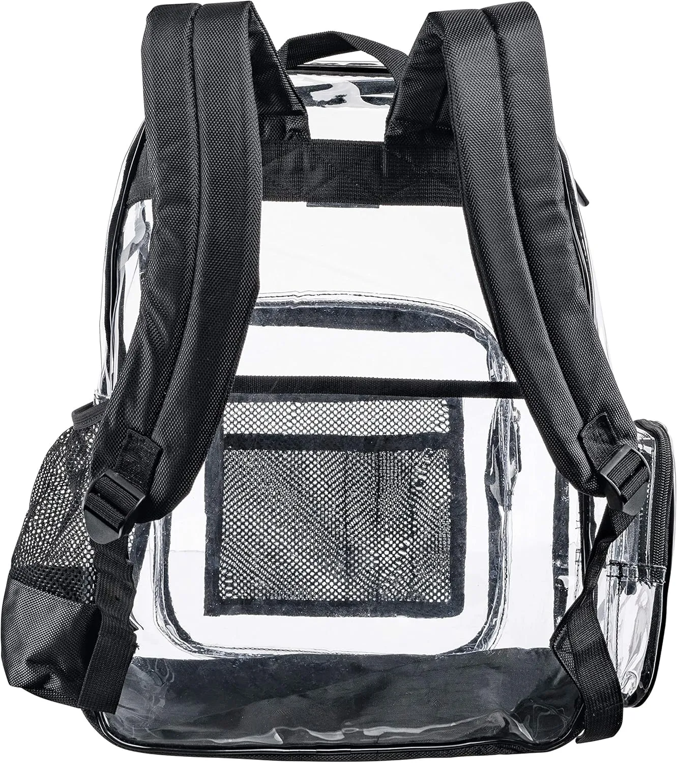 Heavy Duty Clear Backpack with Mesh Organizer, Clear Bookbag (Medium, Jet Black)
