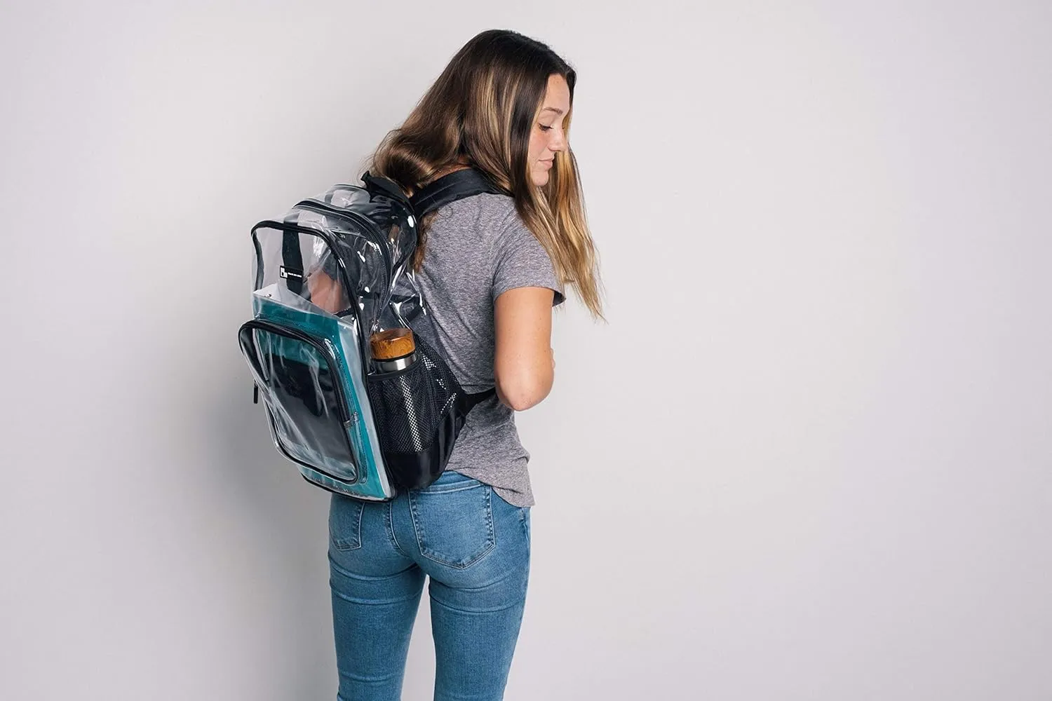 Heavy Duty Clear Backpack with Mesh Organizer, Clear Bookbag (Medium, Jet Black)