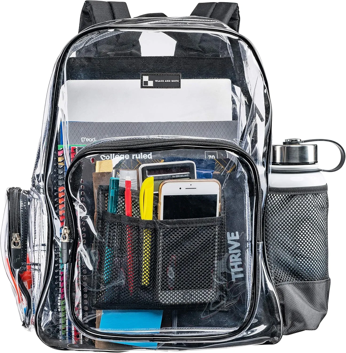 Heavy Duty Clear Backpack with Mesh Organizer, Clear Bookbag (Medium, Jet Black)