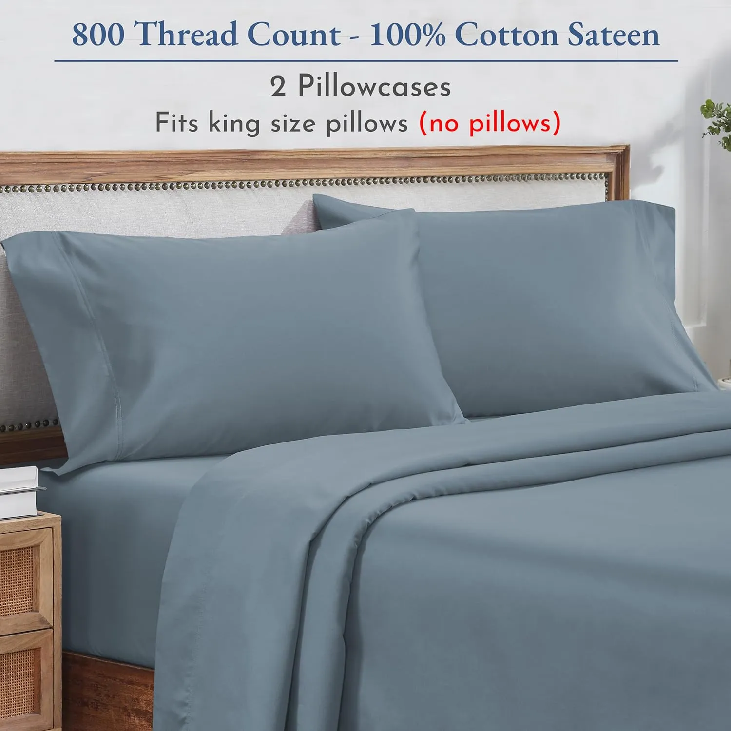 Heirloom Soft, Smooth & Thick Certified 800 Thread Count 100% Cotton Sateen is Superior to Egyptian Cotton Claims, 2 Pillow Cases King Size, Fits King Pillows (Blue)