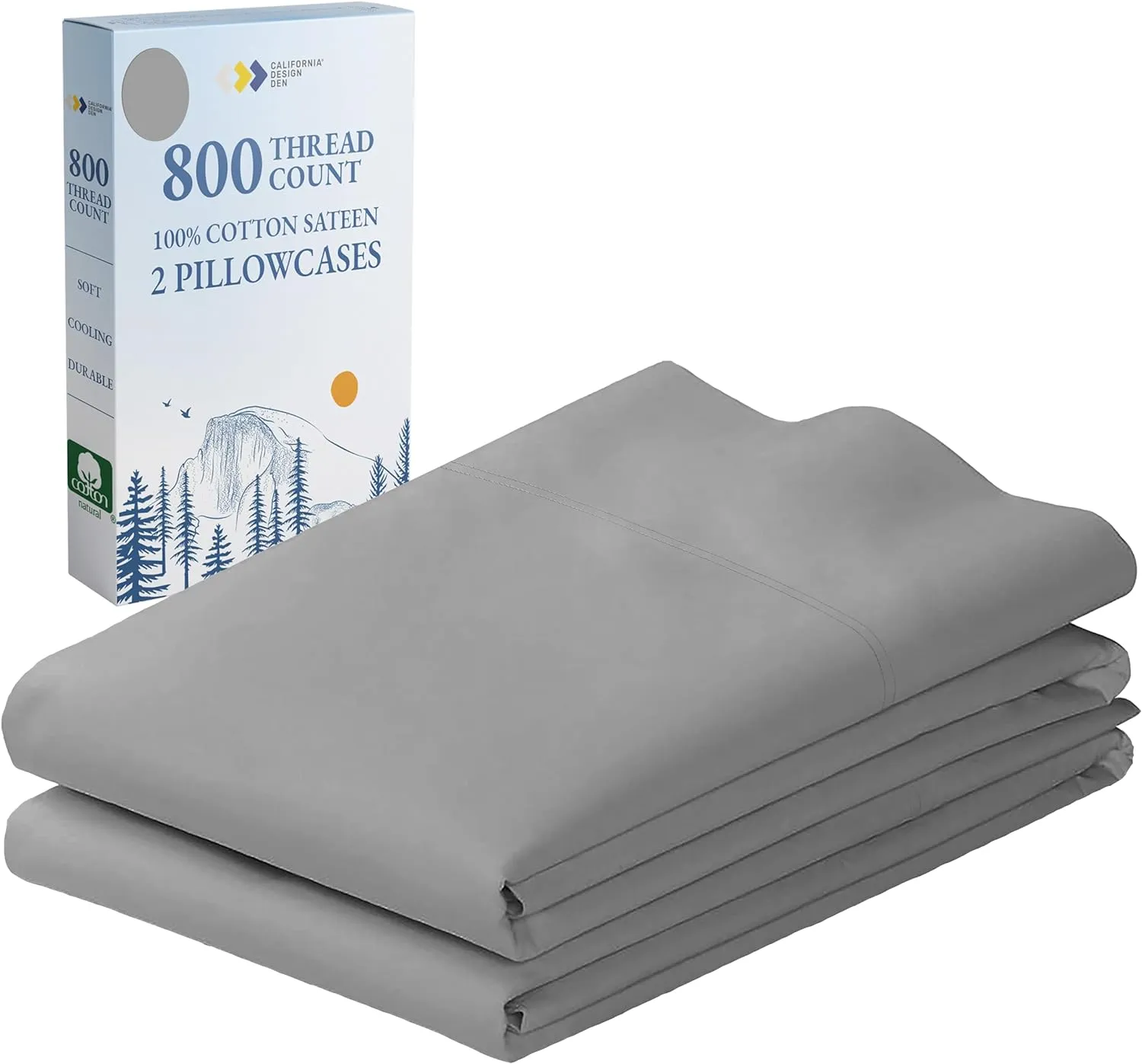 Heirloom Soft, Smooth & Thick Certified 800 Thread Count 100% Cotton Sateen is Superior to Egyptian Cotton Claims, 2 Pillow Cases King Size, Fits King Pillows (Light Grey)