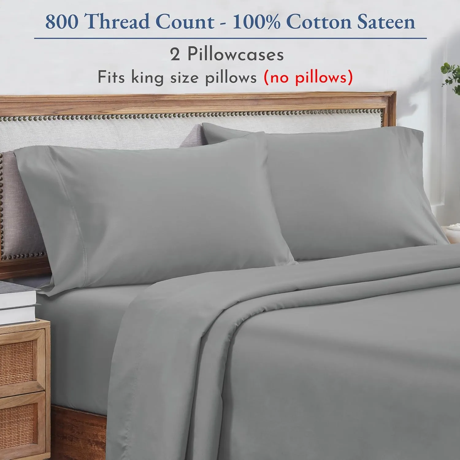 Heirloom Soft, Smooth & Thick Certified 800 Thread Count 100% Cotton Sateen is Superior to Egyptian Cotton Claims, 2 Pillow Cases King Size, Fits King Pillows (Light Grey)