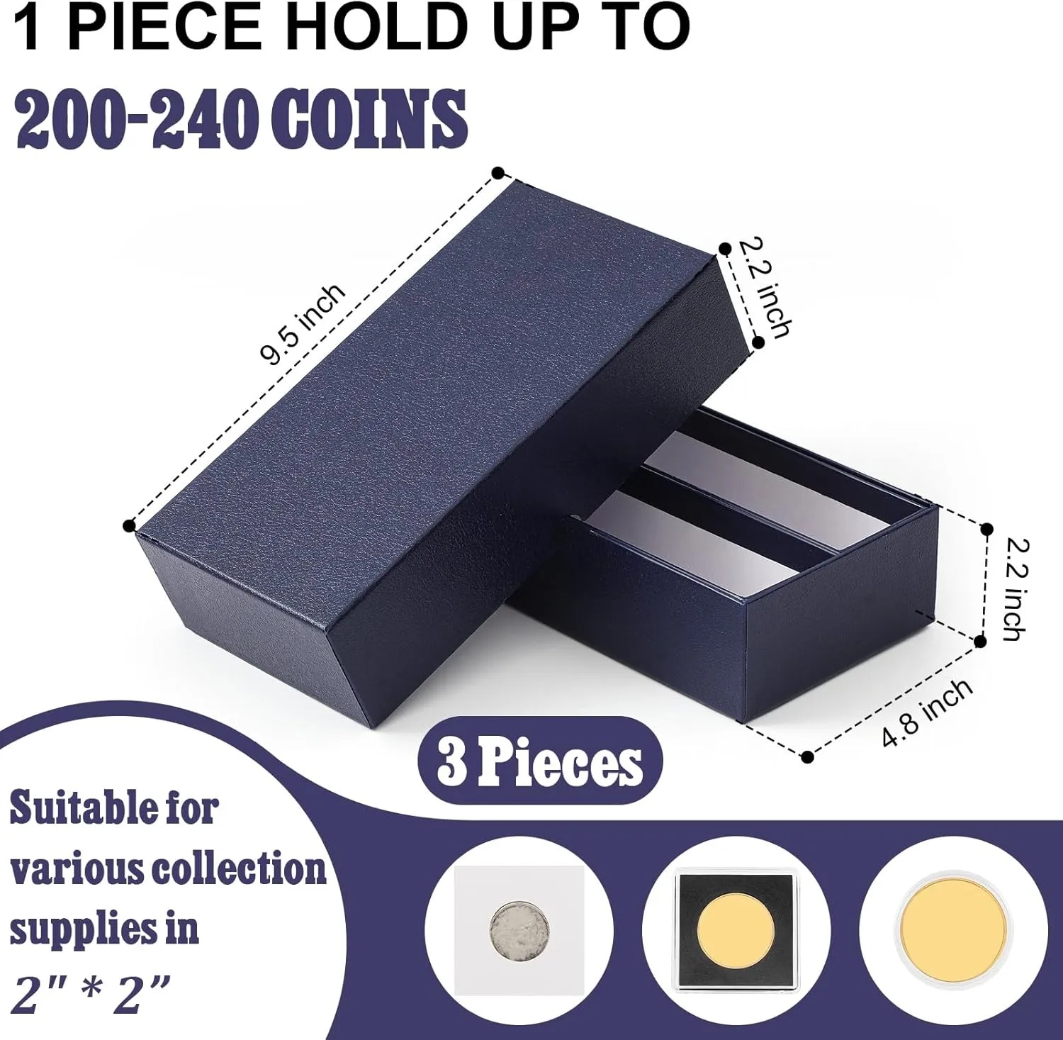 Henoyso 3 Pcs Double Row Coin Box Holders for Collectors Storage Supplies Collecting Coin Cases, 9 x 2 x 2 Inch About Half Box Cases(Navy Blue)
