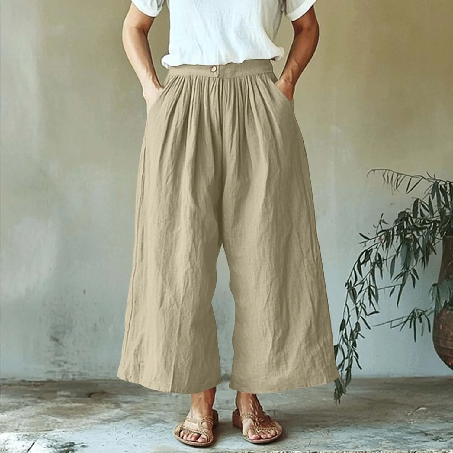 HGps8w Women's Summer Cotton Linen Loose Cropped Palazzo Pants Trendy Wide Leg High Waisted Lounge Trousers with Pockets