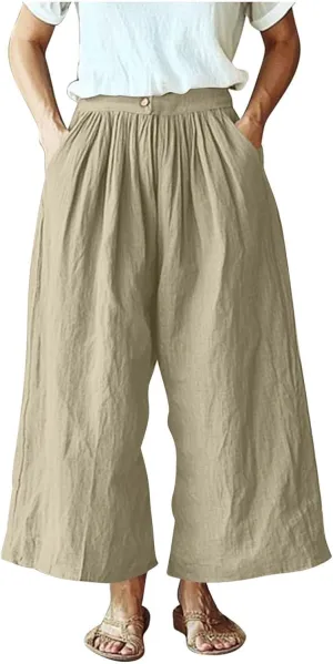 HGps8w Women's Summer Cotton Linen Loose Cropped Palazzo Pants Trendy Wide Leg High Waisted Lounge Trousers with Pockets