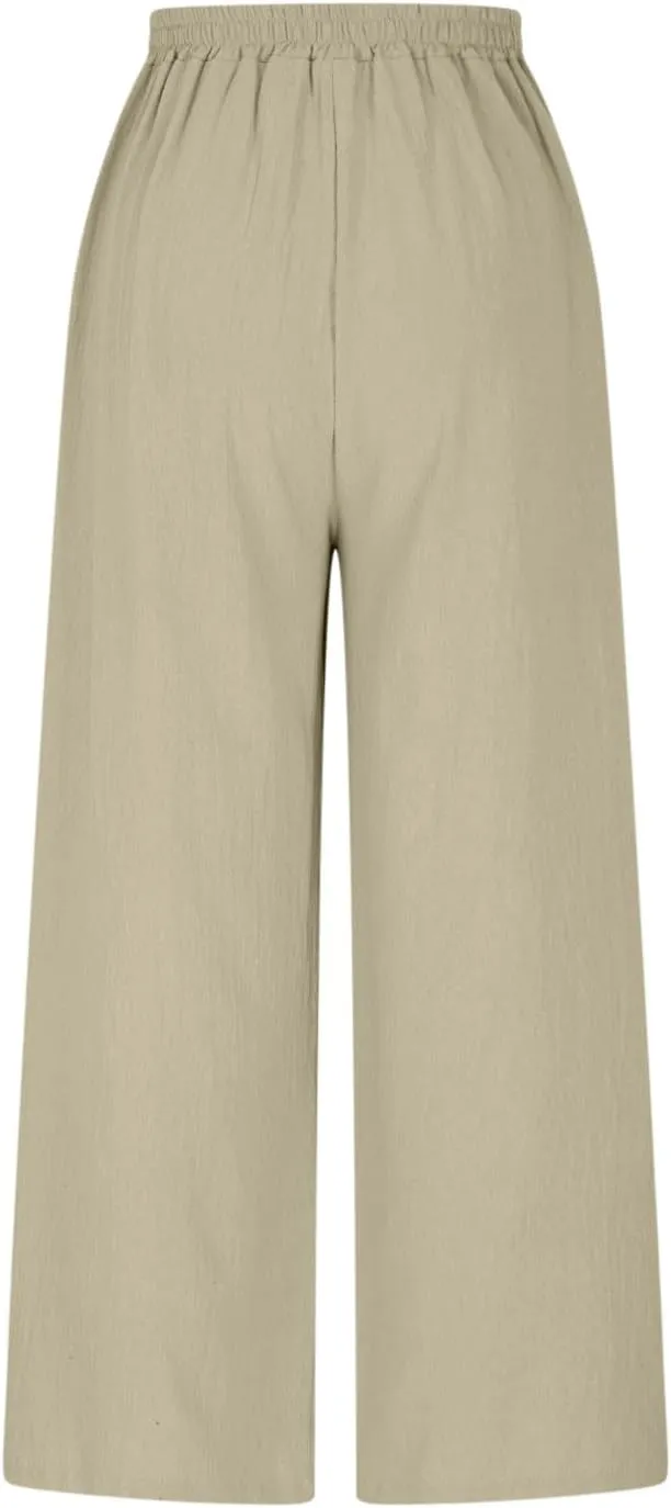 HGps8w Women's Summer Cotton Linen Loose Cropped Palazzo Pants Trendy Wide Leg High Waisted Lounge Trousers with Pockets